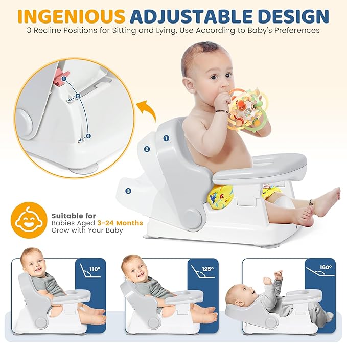 Orzbow Baby Bath Seat for Babies Sitting Up, Bath Seats for Babies 6-12-24 Months & Up with Adjustable Backrest, Non-Slip Baby Bathtub for Newborn Infant Toddler, Strong Suction & Comfortable, Gray