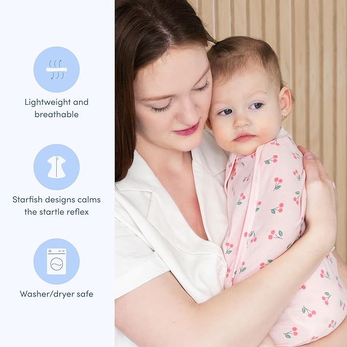 SleepingBaby Zipadee-Zip Transition Swaddle - Cozy Baby Swaddle Blanket with Zipper Convenience - Roomy Wearable Blanket for Easy Diaper Changes - Cherries, X-Small (3-6 Month)