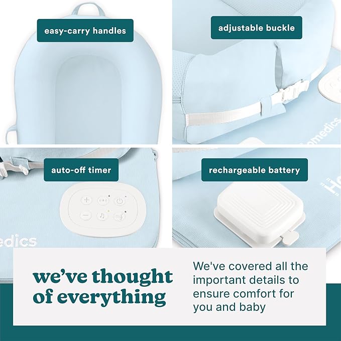 MyBaby 3-in-1 Calming Baby Cushion, Soothing Comfort for Newborns & Infants, Snuggling Sensation, Sound and Vibration, Designed for Safety, Rechargeable & Machine-Washable, by Homedics, Blue