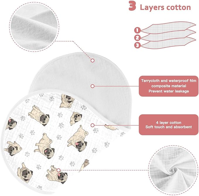 2 Pack Muslin Burp Cloths Pugs Dog Paw White Cotton Baby Burp Cloths Ultra Soft Burping Cloth Absorbent Spit Up Rags for Newborn Boys Girls 22x11 Inch