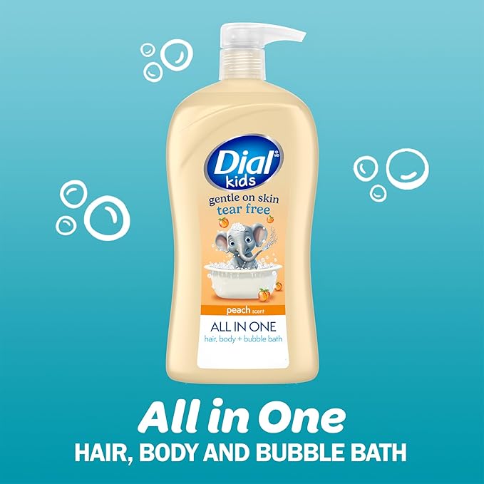 Dial Kids All-in-1 Body + Hair + Bubble Bath, Peach Scent, 32 Fl Oz, Hypoallergenic Body Wash & Shampoo, No Tears Formula for Kids 2+ Years, No Parabens & Silicones