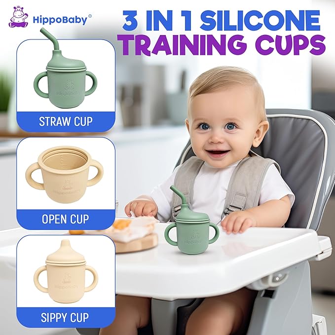 Silicone Transition Sippy Cup for 6+ month old | Includes 1 Toddler straw cup & 1 Baby Sippy Cup with Handles 5 oz | Perfect for Baby Led Weaning (Mint/Cream, 5 oz)