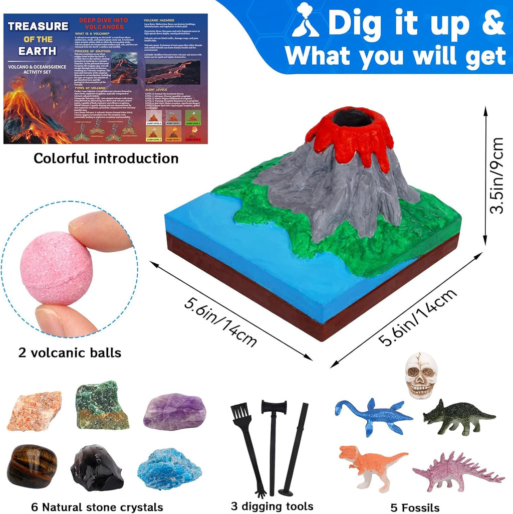 Volcano Science Kit - 6 Rocks Gemstone Excavation Kit, Dinosaur Fossil Digging Kit for Kids，Erupting Volcano Toy Rock Collections STEM Toys Gift for Boys & Girls