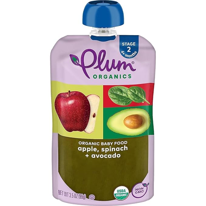 Plum Organics Stage 2 Organic Baby Food - Apple, Spinach, and Avocado - 3.5 oz Pouch (Pack of 12) - Organic Fruit and Vegetable Baby Food Pouch