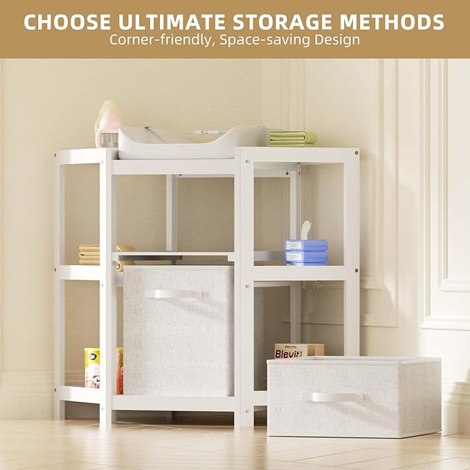 YUFU Baby Corner Changing Table with Storage Drawers, Portable Diaper Changing Station with Baby Changing Pad, Modern Wood Changing Table Dresser for Infants and Toddlers (White)