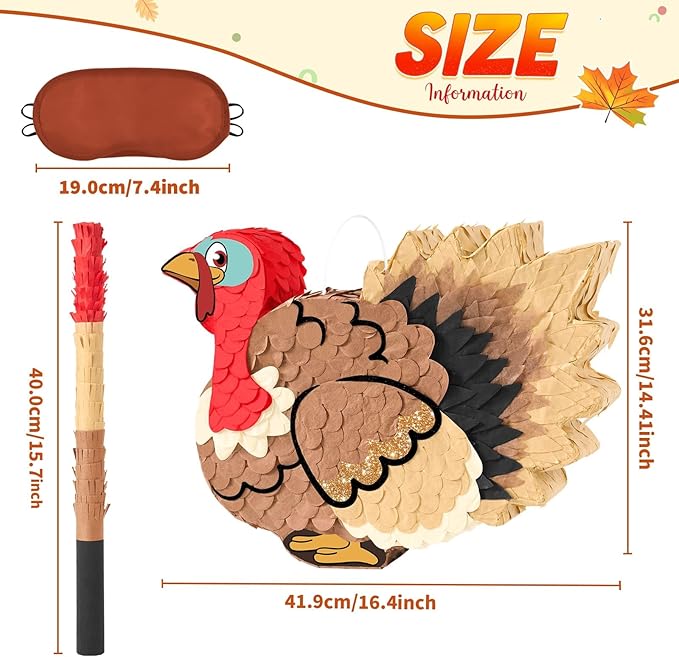 WERNNSAI Thanksgiving Turkey Pinata - Fall Autumn Decorations Wild Turkey Brown Pinata Thanksgiving Party Games for Family Fall Festival Decor Party Favors with Blindfold