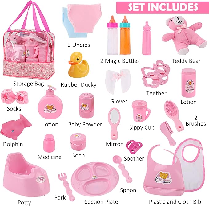 28 PCS Baby Doll Accessories Complete Car Set - Doll Feeding Pretend Playset for Kids, Girls with Magic Milk Bottles in a Storage Bag