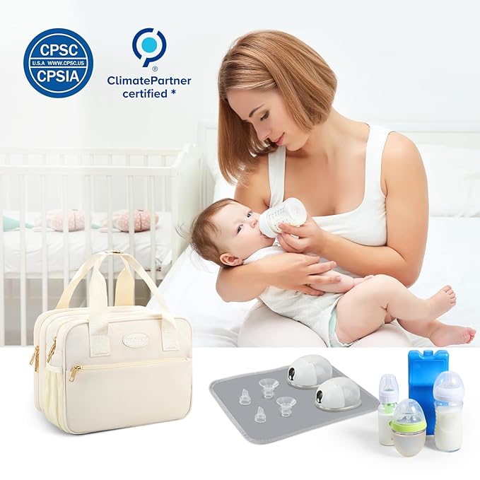 PIIOSER Breastmilk Cooler Bag with Ice Pack, Compatible with Wearable Breast Pumps & Accessories - Portable Pumps Carrying Case for Nursing & Working Moms, Cream