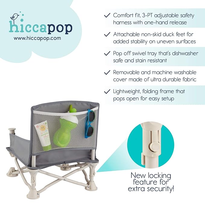 Hiccapop OmniBoost Travel Booster Seat with Tray for Baby, Dining Table, Camping, Beach, Grandma’s | Folding Portable Tip-Free Design Straps to Kitchen Chairs