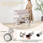 BABY JOY Portable Baby Changing Table, Foldable Waterproof Diaper Changing Station w/Wheels, Adjustable Height, Storage Basket, Shelves & Trash Bin, Mobile Nursery Organizer for Newborn Infant, Beige