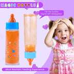SCOM Baby Doll Bottle Accessories - 6 Pcs Feeding Bottle Toys, Magic Disappearing Milk & Juice, Pretend Play Set with Pacifiers Kids Gift Purple