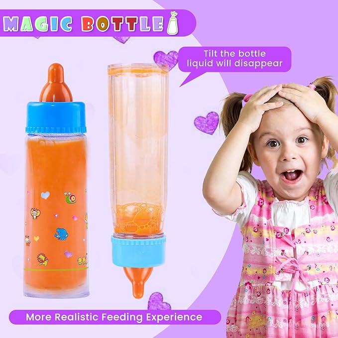 SCOM Baby Doll Bottle Accessories - 6 Pcs Feeding Bottle Toys, Magic Disappearing Milk & Juice, Pretend Play Set with Pacifiers Kids Gift Purple