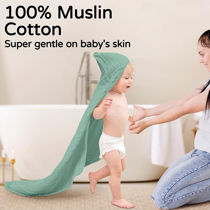 Yoofoss Hooded Baby Towels for Newborn 2 Pack 100% Muslin Organic Cotton Baby Bath Towel with Hood for Babies, Infant, Toddler and Kids, 32x32Inch, Soft and Absorbent Newborn Essential, Green Elephant
