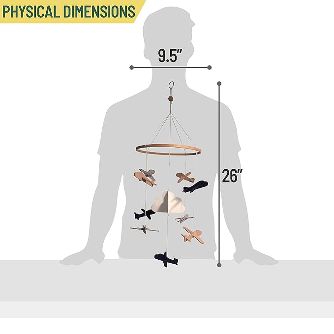 Baby Crib Mobile – Wooden Hanging Nursery Mobile for Bassinet, Baby Nursery Decor for Boys & Girls, Perfect for Shower Gift (Airplanes in The Clouds, Grey and White) Sorrel + Fern