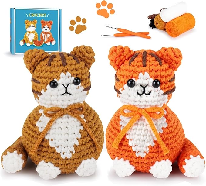 Crochet Kit for Beginners, 2PCS Cat Crochet Animal Kit with Step-by-Step Video Tutorials, Beginner Crochet Kit for Adults, Crochet Starter Kit for Kids, Learn to Crochet, Stuffed Animal Knitting Kit
