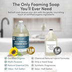 SoCal Suds & Company 128oz Certified Organic Foaming Hand & Body Wash - Gentle Natural Body,Baby & Face Wash for Sensitive Skin, Moisturizing All-Purpose Foaming Soap & More - Fragrance Free