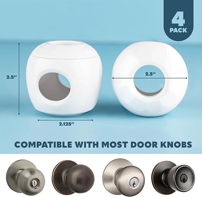 Baby Proofing Door Knob Covers 4 Pack - Easy to Install Child Safety Locks for Doors, Durable & Reusable Child Proof Door Lock, Dual-Lock & Versatile Design, Fits Round Doorknobs, White