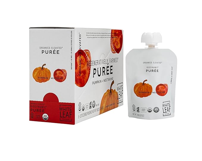 White Leaf Provisions Organic Purees / Baby Food Pouches - Fruits, Veggies & Grains, Toddler snack, Regeneratively Farmed, No Added Sugar, Non-GMO, BPA-Free Pouches 3.17 oz (Pack of 24, Pumpkin + Nectarine)