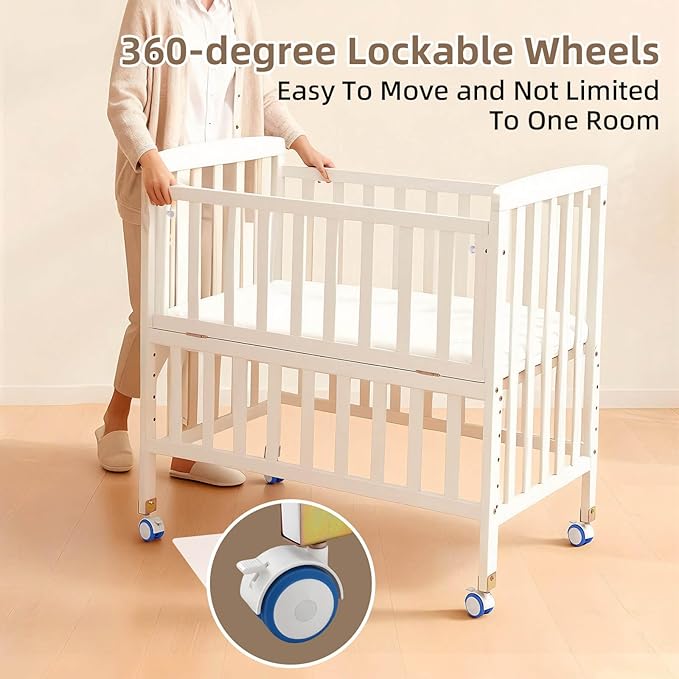 Baby Bassinets Bedside Sleeper - Portable Pine Wood Bedside Bassinet,6 Heights Small Mini Crib with Mattress,Space-Saving Design Baby Crib for Newborns 0-12 Months,White