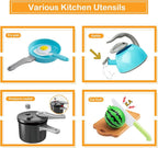 130Pcs Kitchen Playset, Toddler Pretend Cooking Play Pots, Pans, Utensils Cookware, Daily Food Fruit Veges, Shopping Storage Basket, Dessert, Prop Money, Learning Gift for Child (Turquoise)