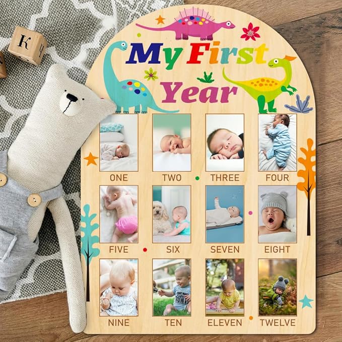 ORIGACH My First Year Baby Growth Photo Display Wood Board - 12 Months Newborn Milestones Photo Board - Neutral Baby Keepsake Board 1st Birthday Party Nursery Decor New Mom Gift - Dinosaur