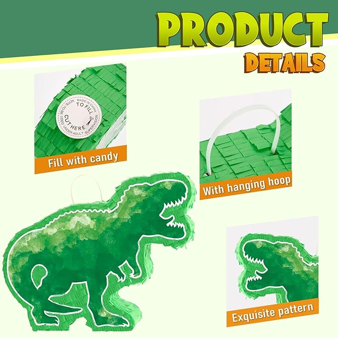 WERNNSAI Dinosaur Piñata - Watercolor Green Dinosaur Piñata Birthday Piñata with Stick and Blindfold for Kids Birthday Party Game Classroom Activities Dinosaur Themed Party Decor(16.9’’ x 12.9’’)