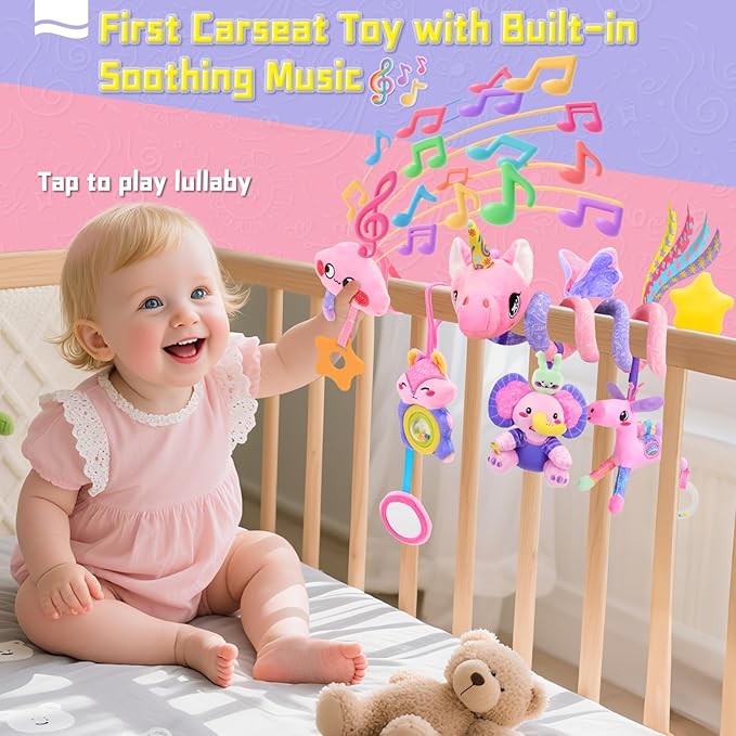 Musical Car Seat Toy for Babies 0-12 Months Girl, 5-in-1 Sensory Activity Hanging Toy Stroller Toy with Soothing Music, Rattle, Mirror for Newborn Infants Essential Gifts, Unicorn