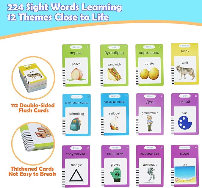 MAYAPHILOS Russian and English Bilingual Talking Flash Cards with 224 Sight Words Fun Russian Language Learning Toys for Kids, Audible Pocket Speech for Toddlers Preschool Birthday