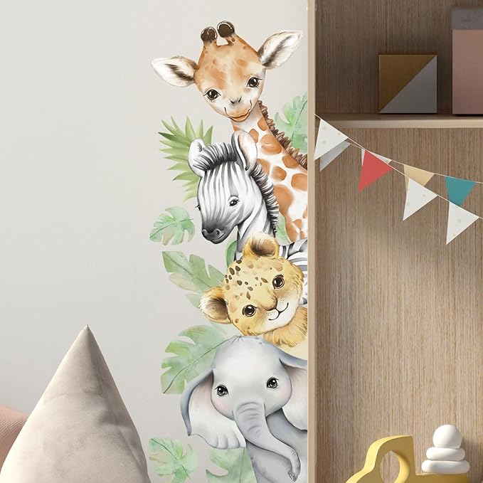 44.88x 15.75 Inch Watercolor Animal Wall Decals Jungle Animal Wall Stickers Tiger Elephant Giraffe Removable Peel and Stick Wall Decals for Nursery Playroom Bedroom Classroom Kindergarten Wall Decor