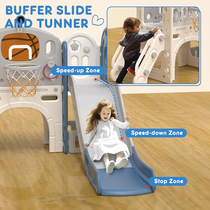 YUFU 9 in 1 Toddler Slide Set, Kids Slide for Toddlers Age 1-3, Toddler Playset with Basketball Hoop and Ball, Outdoor Indoor Playground for Toddlers 1-3 (Blue+Gray)