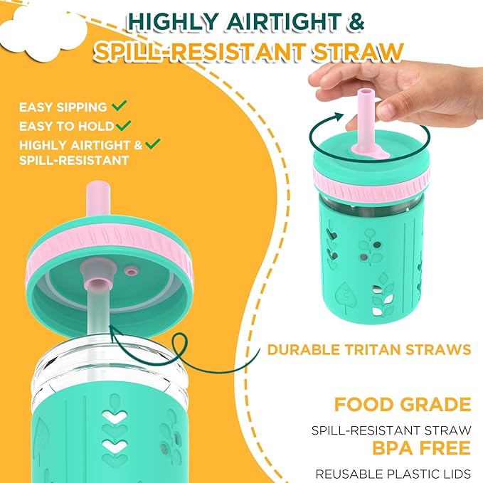 Tronco 8 oz Glass Sippy Cup for Toddlers, Kids Mason Jar Smoothie Cup with Silicone Sleeves & Spill Resistant Flexible Straw, Snack Cup, BPA-Free, Dishwasher Safe