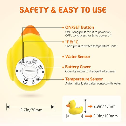 Baby Bath Thermometer with Timer and 3 Color Backlit, Digital Water Temperature Thermometer with and Temperature Warning, Safety Bath Tube Thermometers Floating Toy for Infant, Toddler