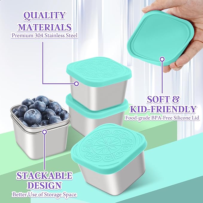 Stainless Steel Snack Containers for Kids,7.2oz Easy Open Leak Proof Reusable Snack Box Container with Lids,Small Lunch Containers for Meal Prep,School,Picnic and Travel-3Pack
