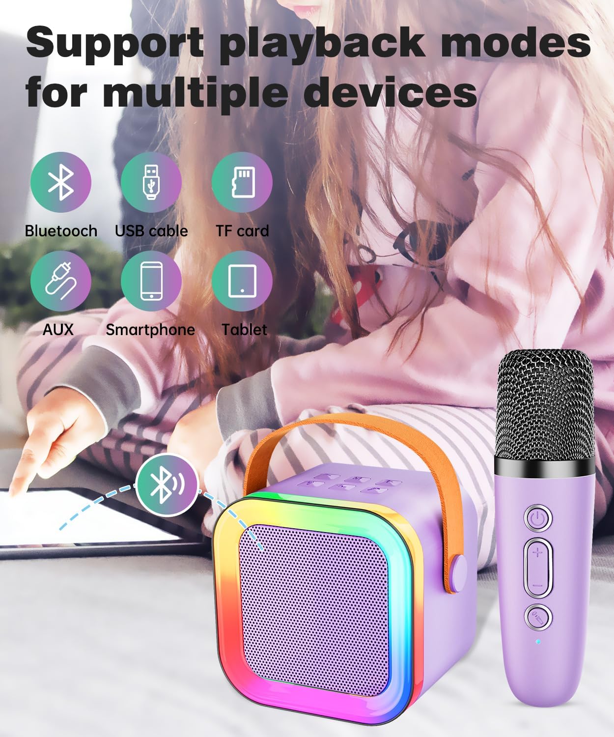 Mini Karaoke Machine Speaker for Kids Adults,Portable Bluetooth with 1-2 Wireless Microphones,Christmas Birthday Gifts Toys Girls Boys Ages 4, 5, 6,7, 8,9,10,11,12+ Years Old Toddler (Purple - 2 Mic)