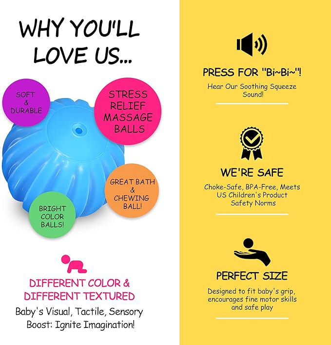 Baby Textured Multi Sensory Toys Massage Ball Gift Set BPA Free for Toddlers 1-3 Soft Balls Montessori Infant Baby Toys 6 to 12 Months 6 Pack