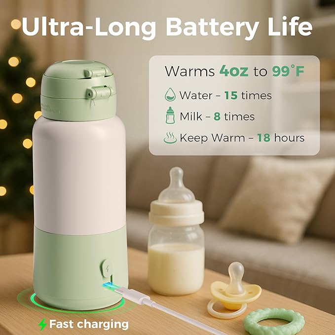 Portable Bottle Warmer for Travel, 15oz Capacity Baby Bottle Warmer with Fast Heating, 12000mAh Battery & Fast Charger, Pasteurization for Hygiene, Precise Temp Control, Leak-Proof (Green)