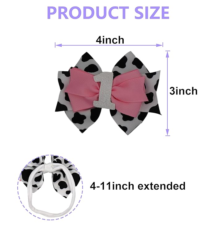 Birthday Hair Bow for Baby Girls 1 2 3 4 5 6 Years Sprinkle Decorations Party Hair Accessories Headband for First 1st Birthday Cow Print Cowgirl