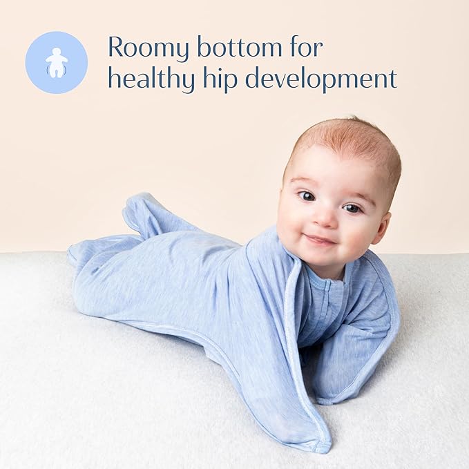 SleepingBaby Zipadee-Zip Transition Swaddle - Cozy Baby Swaddling Blanket with Zipper Convenience - Roomy Wearable Blanket for Easy Diaper Changes - 3-6 Month - Baseline Blue Heather