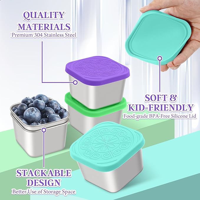 Stainless Steel Snack Containers for Kids,7.2oz Easy Open Leak Proof Reusable Snack Box Container with Lids,Small Lunch Containers for Meal Prep,School,Picnic and Travel-3Pack