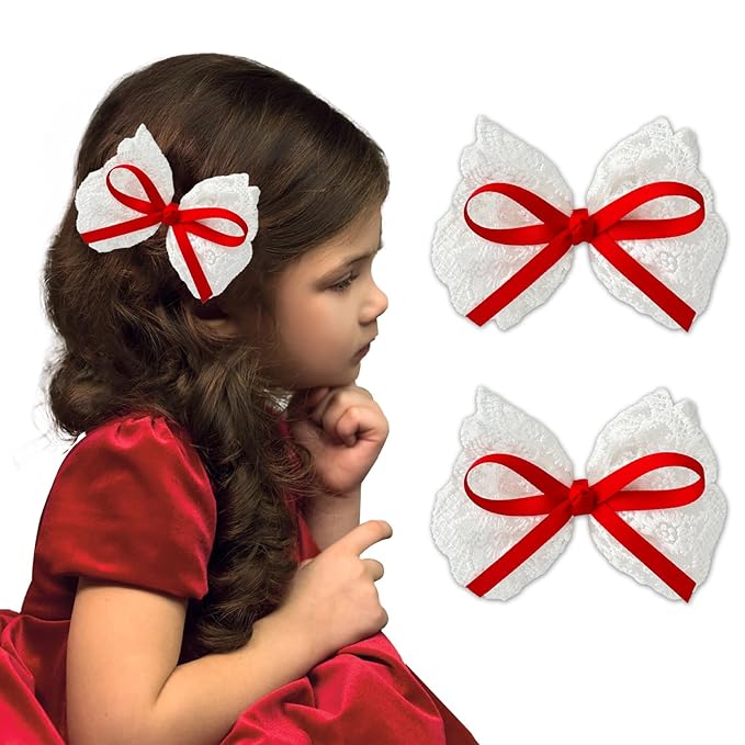 2pcs Lace Hair Bows for Girls, White Lace and Red Hair Ribbons, Alligator Bow Hair Clips, Handmade Hair Accessories for Girls