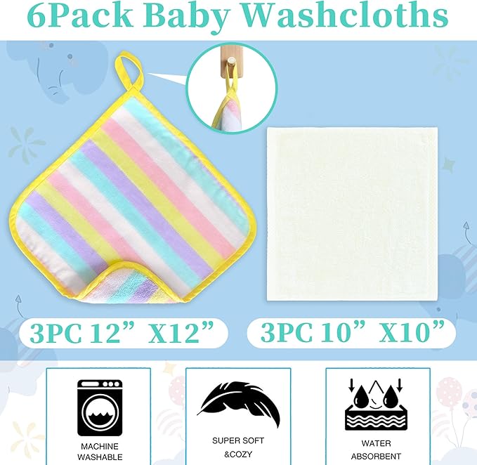 VOOVA & MOVAS 6 Pack 100% Cotton Baby Washcloths | 12x12 Inches | Highly Absorbent | Ultra-Soft Newborn Towels | Perfect Set |Rainbow & Ivory Colors