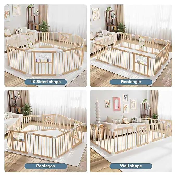 Foldable Wooden Baby Playpen Activity Center,Adjustable Size & Shape Portable Play Yard, Baby Fence Play Area with Gate for Indoor Use for Babies and Toddlers(82x55x24inches)