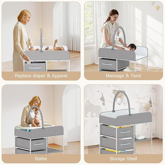 Baby Changing Table, Diaper Changing Table with Waterproof Pad, Portable Changing Table with 3 Storage Baskets and Toy, Mobile Nursery for Infant and Newborn