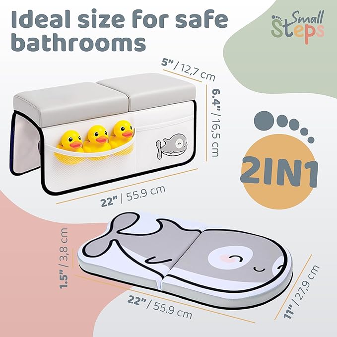 Small Steps Bath Kneeler and Elbow Rest Pad Set – Ergonomic Baby Bath Kneeling Pad with Memory Foam and Non-Slip Design – Orca-Themed Comfort with Handy Pockets for Bathing Babies and Kids