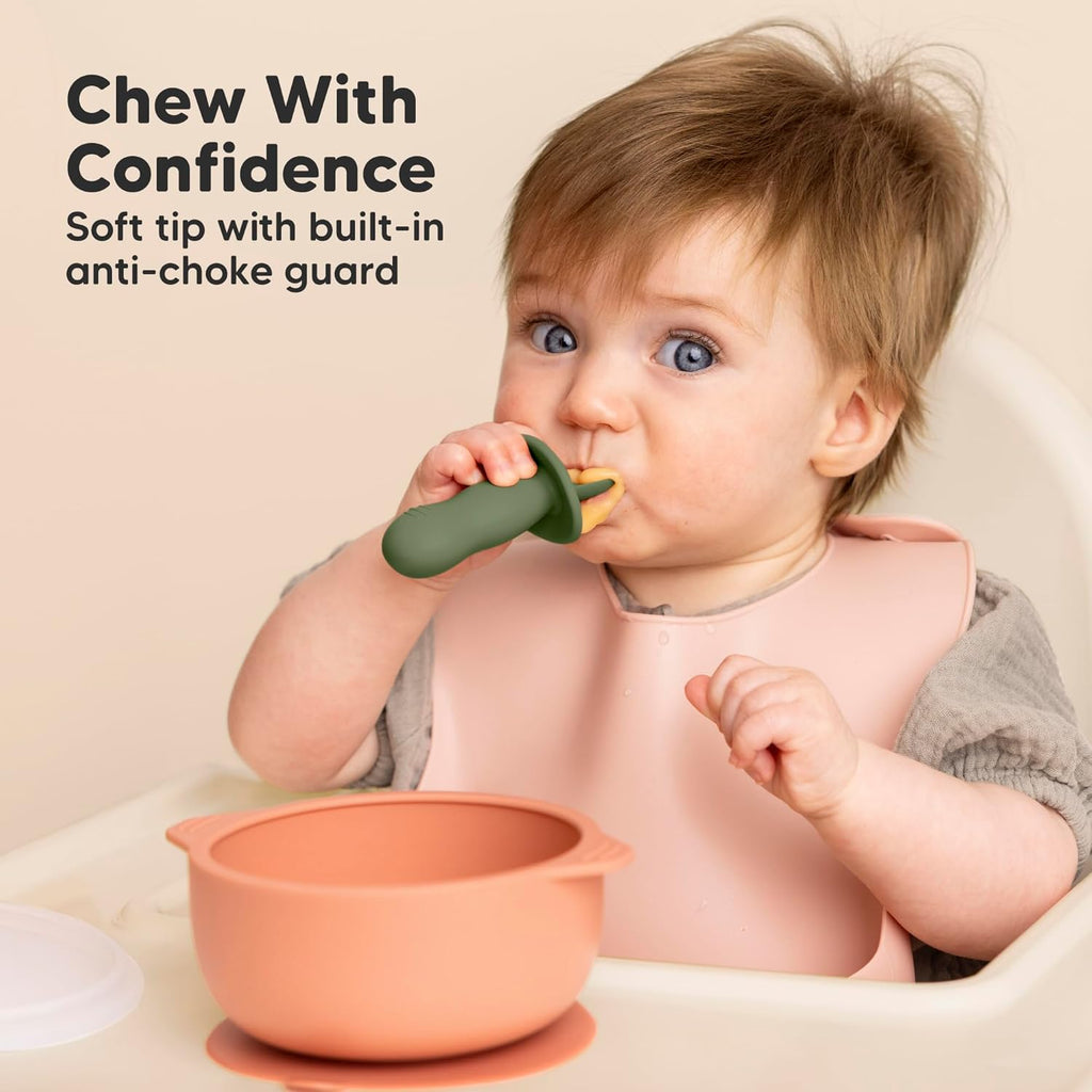 KeaBabies 4-Pack Silicone Baby Spoons and Forks Set - Baby Led Weaning Utensils 6-12 Months, Self Feeding Toddler Spoon & Fork for Training, Teething, Easy to Hold, BPA-Free Silicone (Slate)