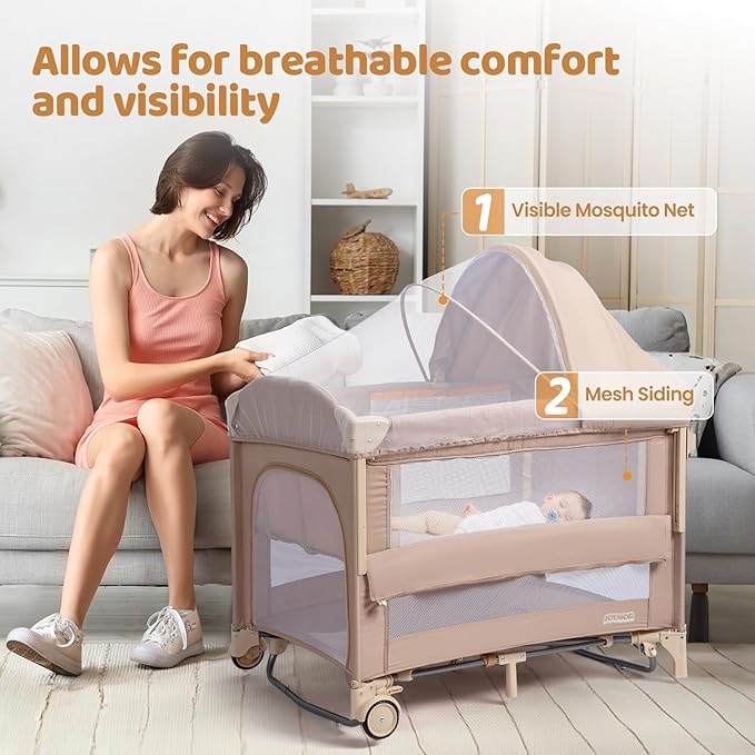 JOYMOR 9 in 1 Bedside Bassinet with Changing Table, Pack and Play with Bassinet, Convert to Rocking Baby Bed with Electric Music Center, Mosquito Net, Storage, Beige