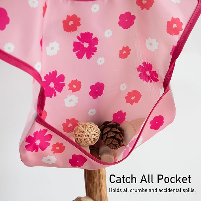 Mess Proof Baby Bib 3 Pack, Waterproof Led Weaning Baby Feeding Bibs with Food Catcher, Travel Feeding Bibs