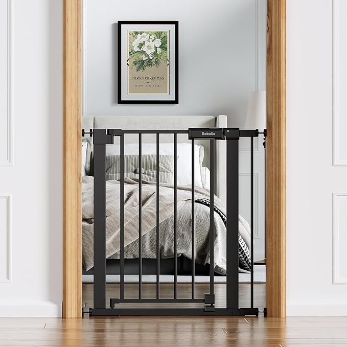BABELIO Baby Gate for Doorways and Stairs, 26-31" Pet Gate with Wide Walk Thru Door and Lock Indicator, No Drill Pressure Mounted Safety Gate with Double Lock and Self-Closing, Black