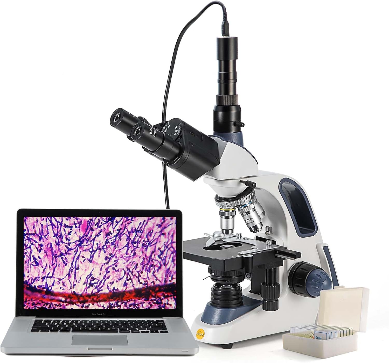 SWIFT Compound trinocular Microscope, 40X-2500X Digital Lab trinocular Compound LED Microscope with 3MP USB Camera and Slides,Mechanical Stage