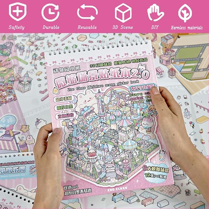 Sticker Therapy 3D Scene – 6 Sets Large Size DIY 3D Sticker Scenes with Tweezer for Adults Kids Relief Stress Pass The Time, Cute Miniature House Room Material Collection Book 02